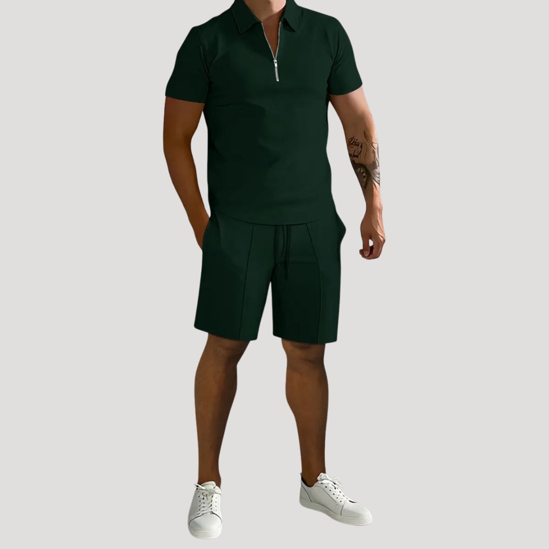 Herr matchande set pikétröja med dragkedja och shorts