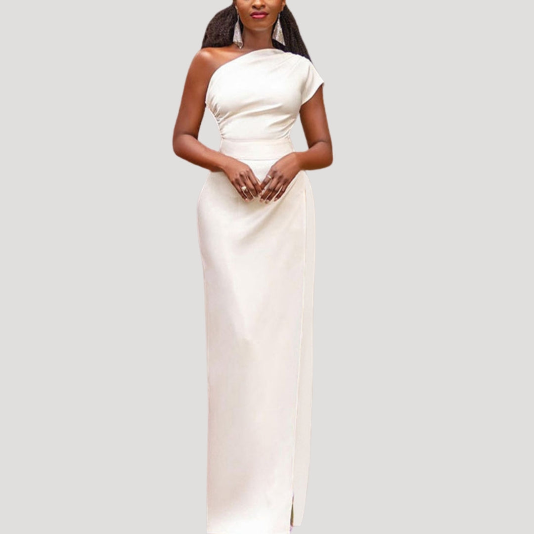 Dam enaxlad asymmetrisk festklänning i maxilängd