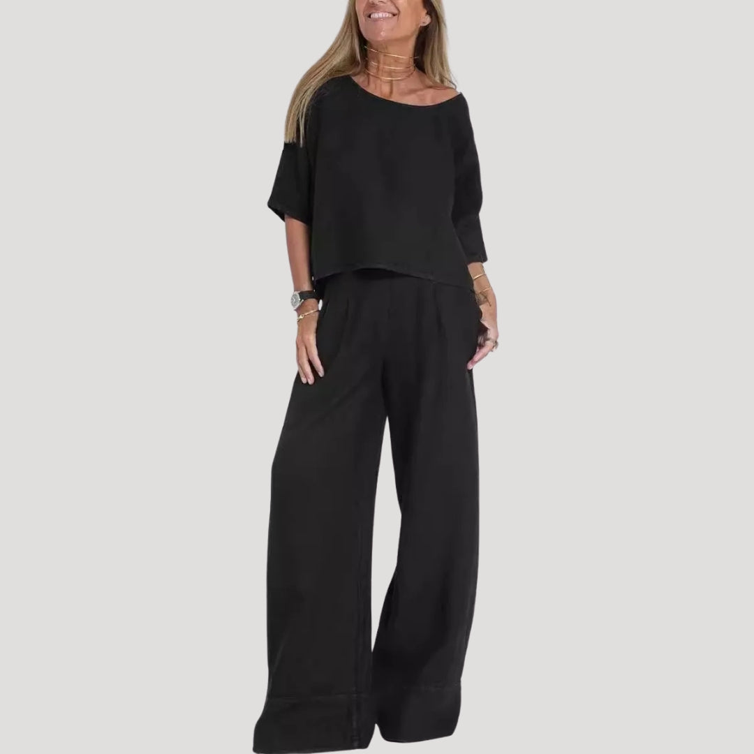 Dam tvådelat linneset med vida byxor linne topp