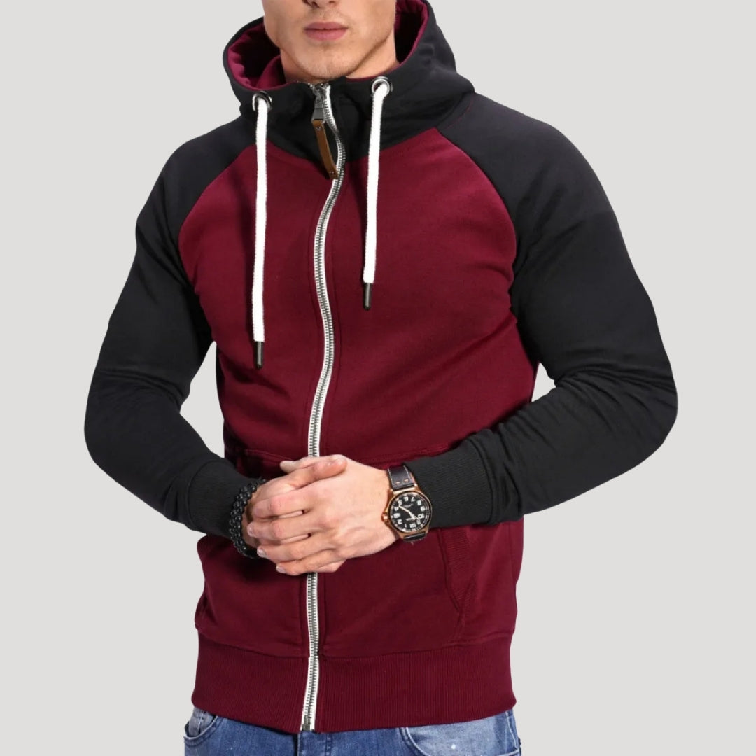 Herr hoodie med dragkedja och kontrastfärgade ärmar stilren