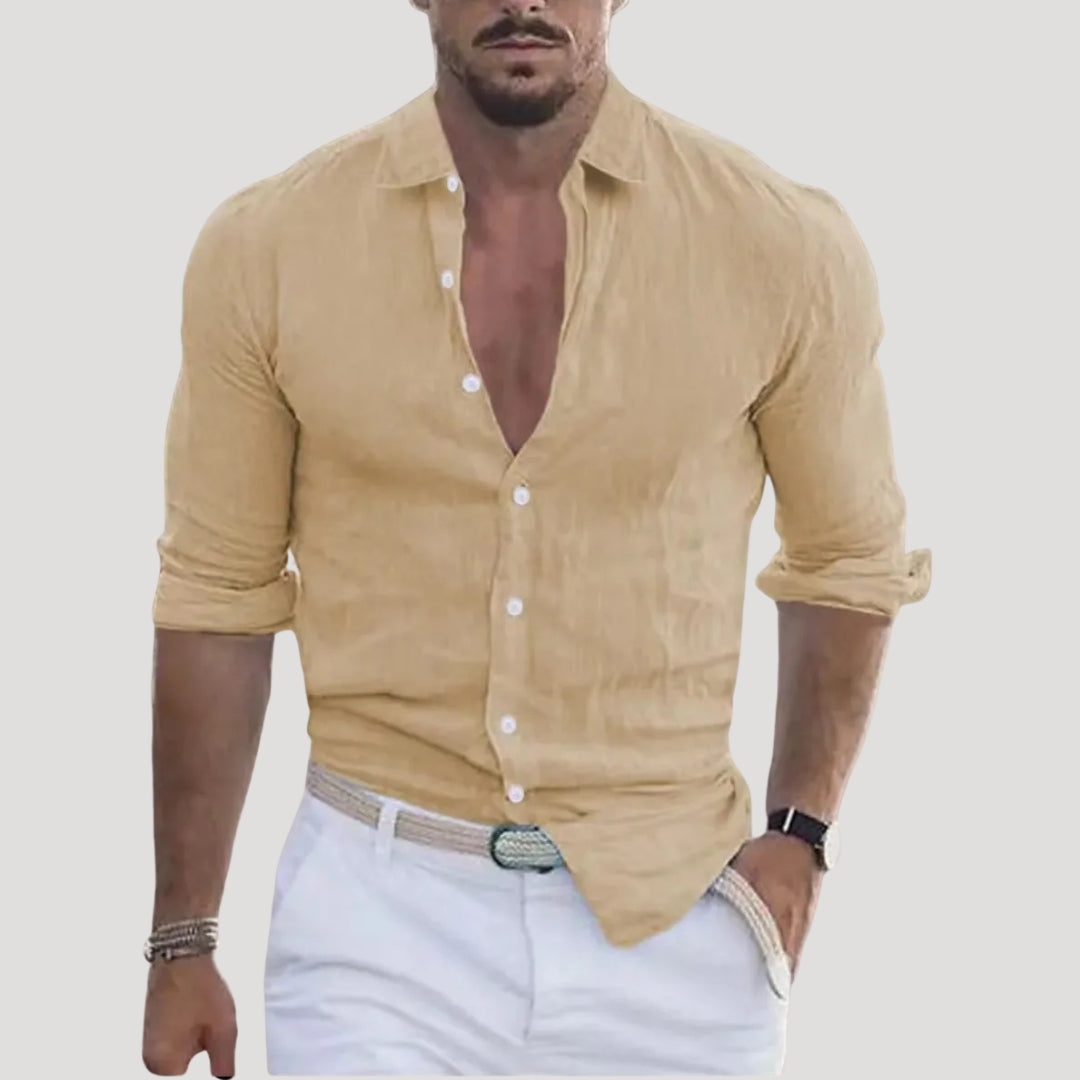 Herr slim fit långärmad linne skjorta knappad modell