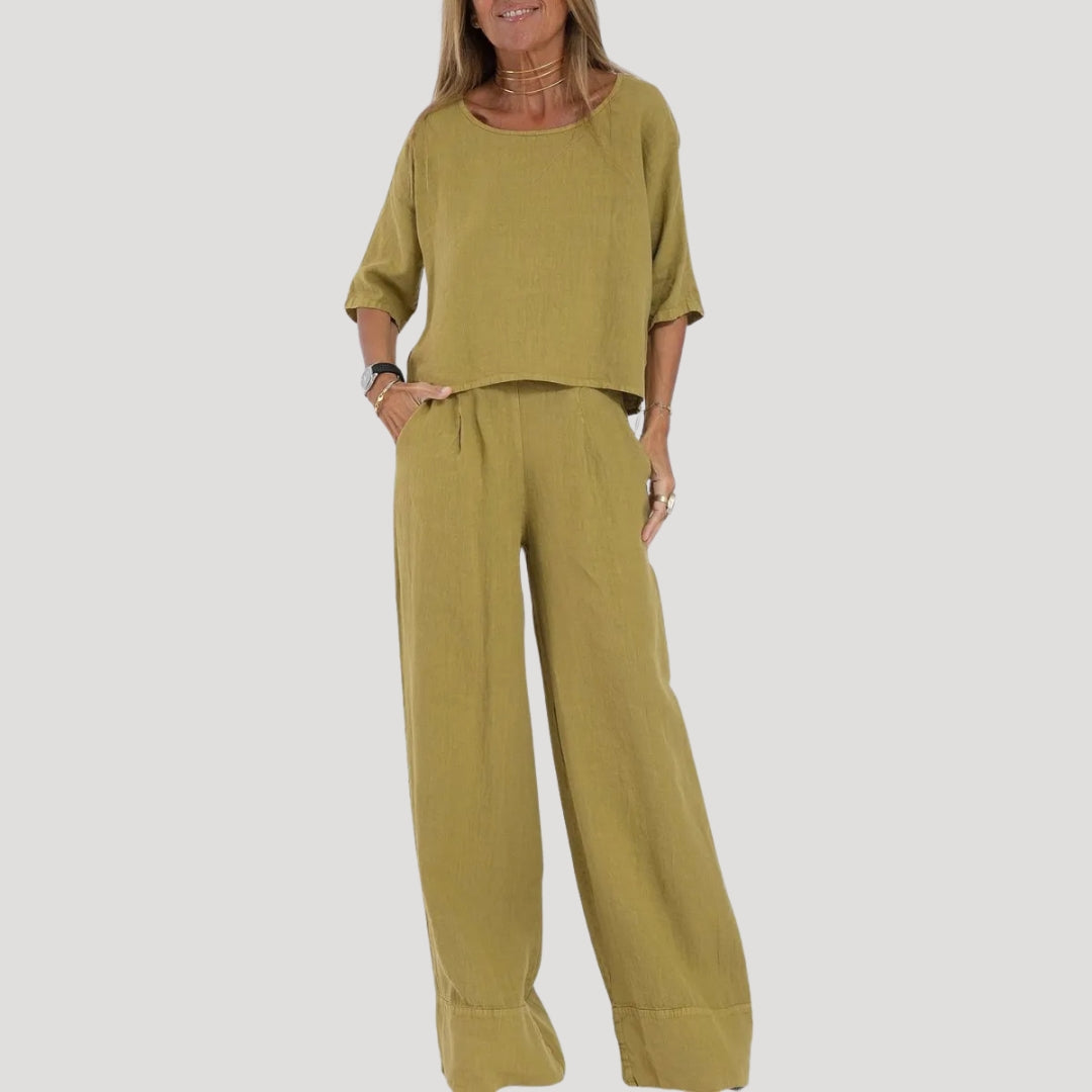 Dam tvådelat linneset med vida byxor linne topp