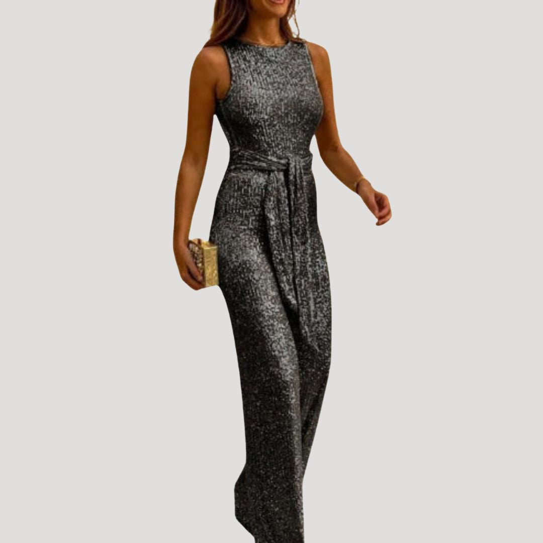 Dam paljett jumpsuit ärmlös byxdress med bälte