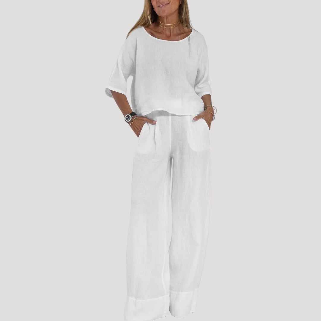 Dam tvådelat linneset med vida byxor linne topp