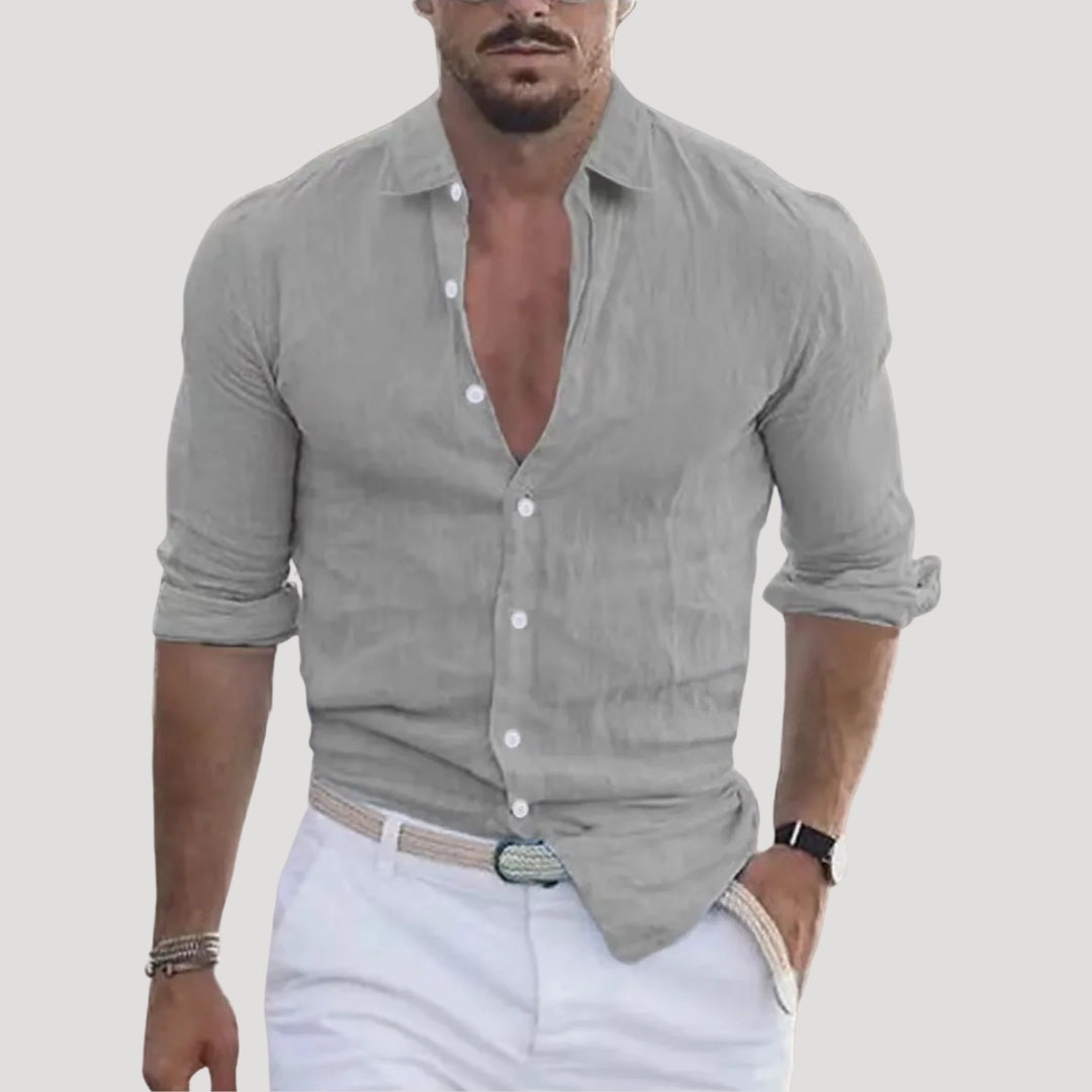 Herr slim fit långärmad linne skjorta knappad modell