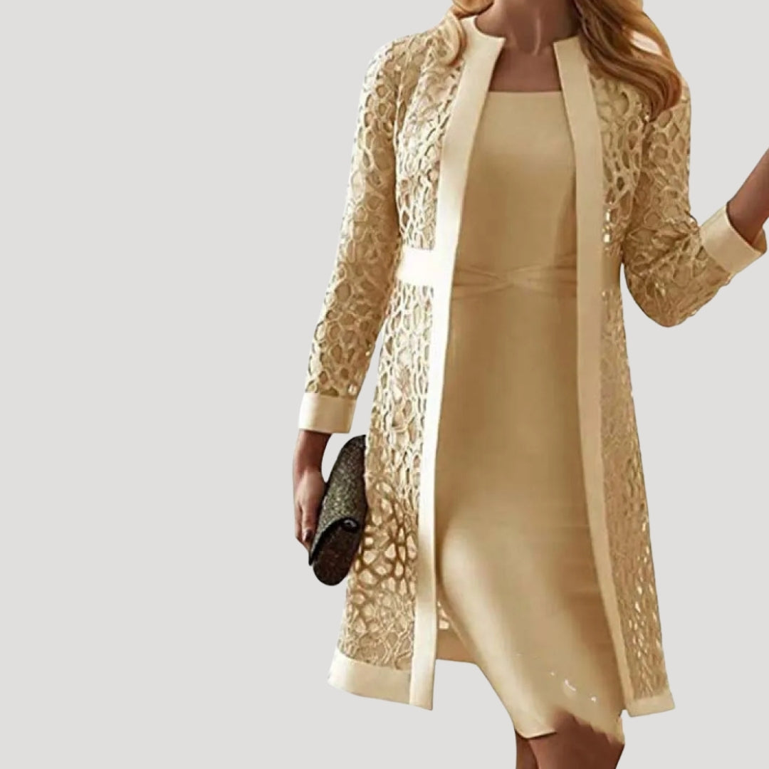 Dam spetsklänning knälång med långärmad kappa elegant set