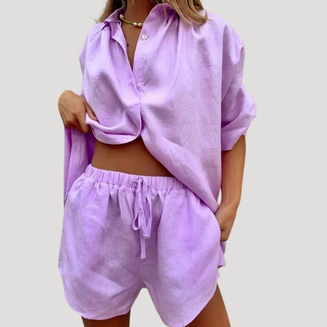 Dam matchande set sommar linne med skjorta och shorts