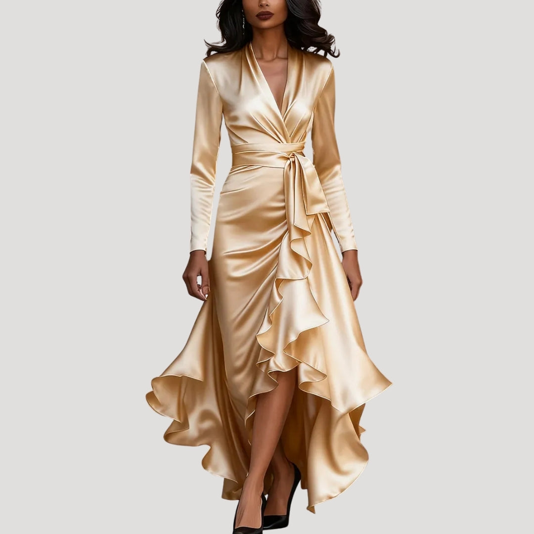 Dam omlottklänning långärmad med volangkjol snygg festklänning