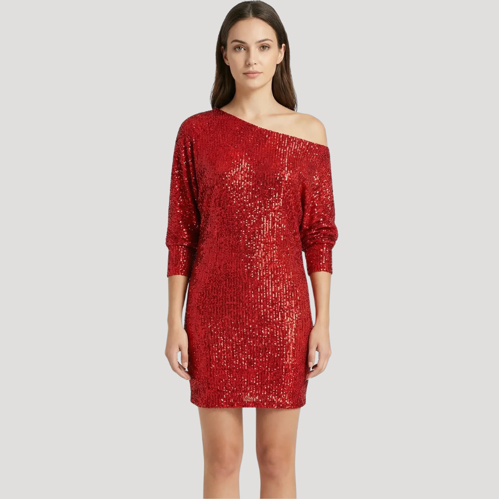 Dam Festklänning Paljettklänning Off Shoulder Långärmad Mini