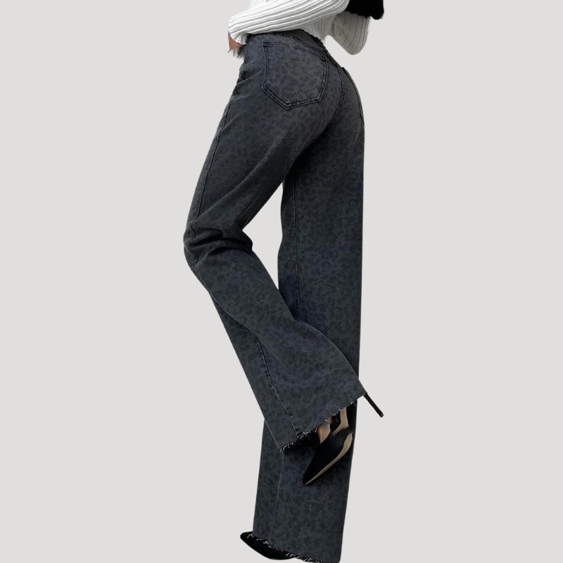 Dam Mom Jeans Högmidjade Leopardmönstrade Vida Denimjeans
