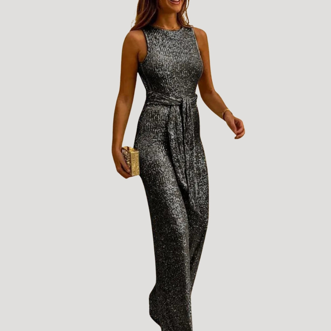 Dam byxdress glittrig fest ärmlös öppen rygg elegant stil