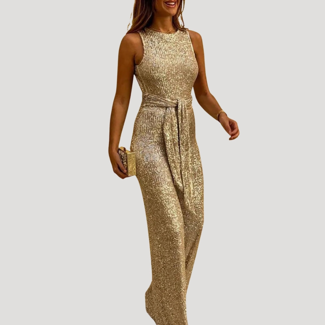 Dam byxdress glittrig fest ärmlös öppen rygg elegant stil