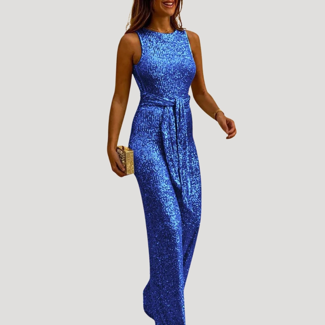 Dam byxdress glittrig fest ärmlös öppen rygg elegant stil