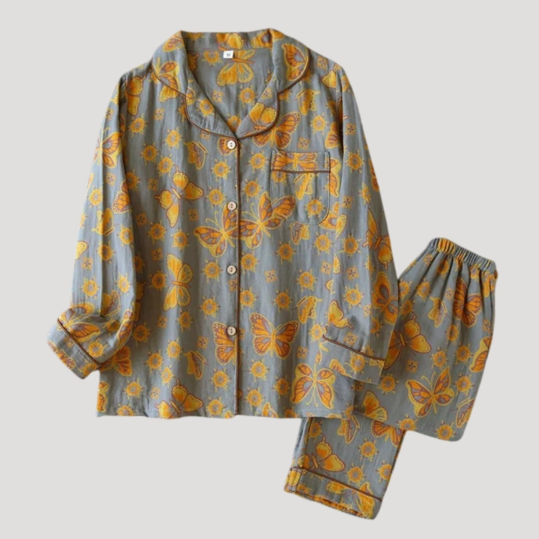 Dam pyjamasset långärmad tvådelad mönstrad med skjorta