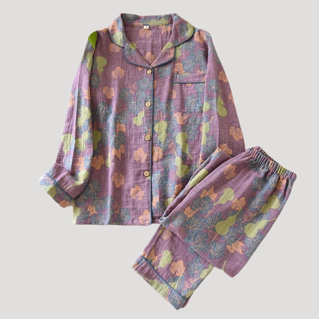 Dam pyjamasset långärmad tvådelad mönstrad med skjorta