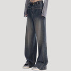 Dam baggy jeans vida byxor blå lågmidjade