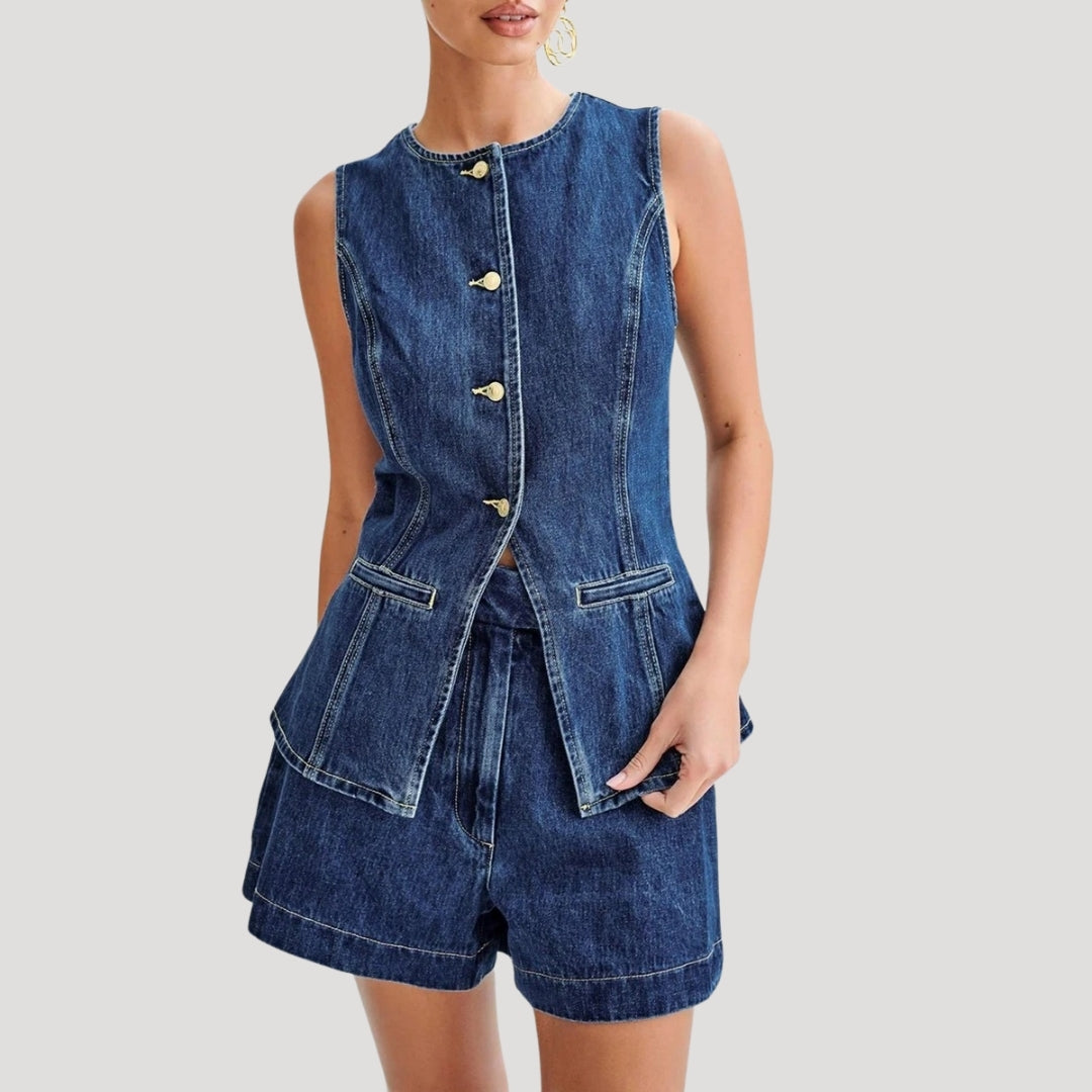 Tvådelat jeansset dam – ärmlös väst & shorts
