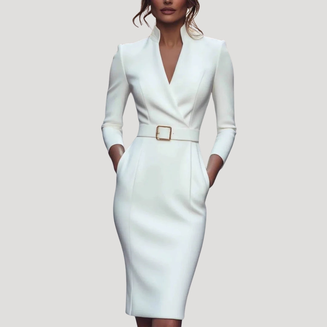 Dam elegant långärmad fodralklänning med bälte