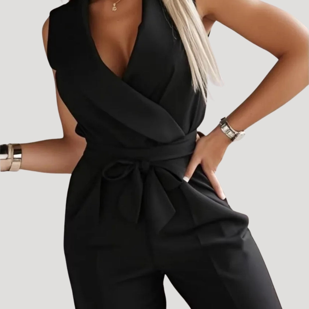 Dam jumpsuit byxdress med omlott och knytmidja