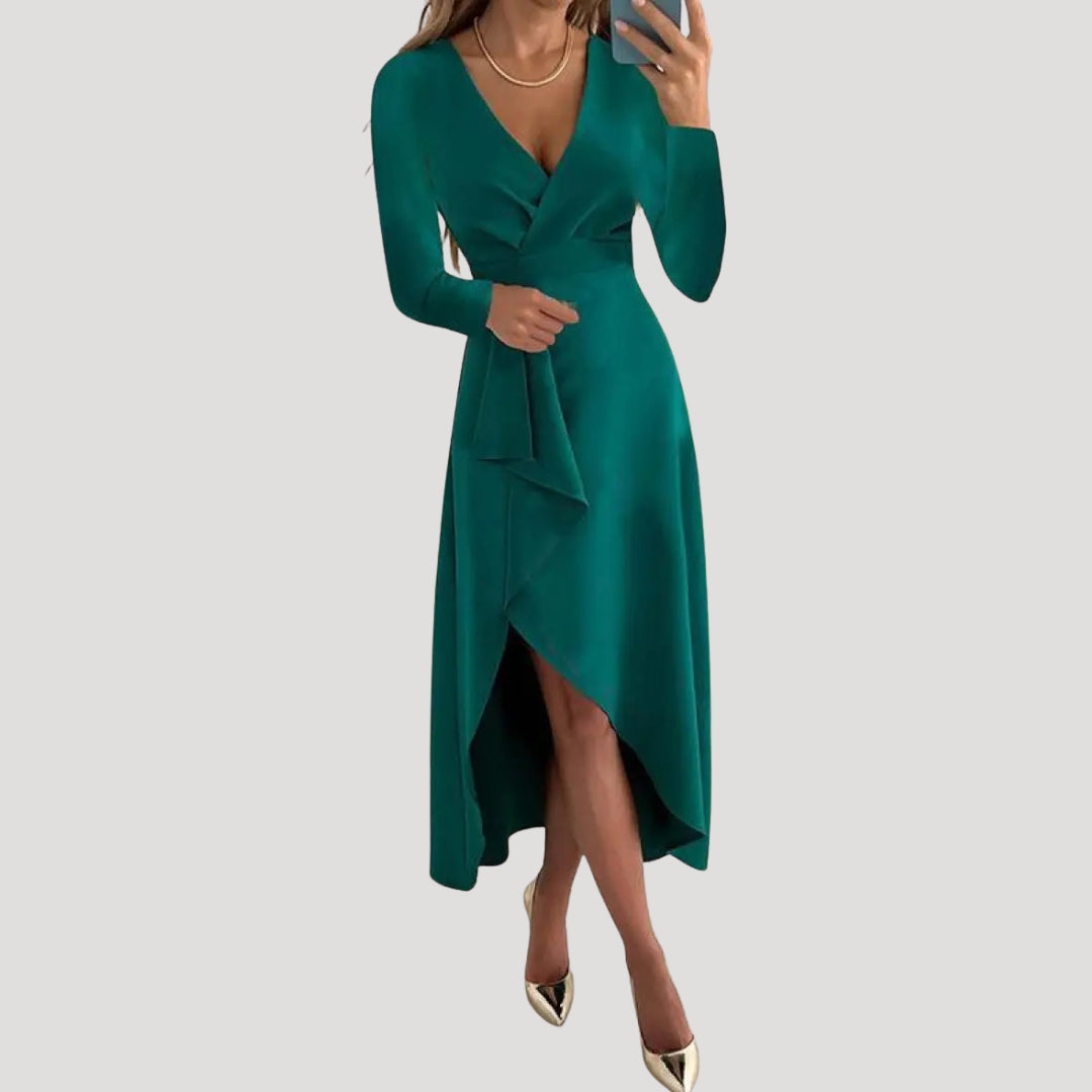 Dam långärmad omlottklänning midi elegant festklänning stilren