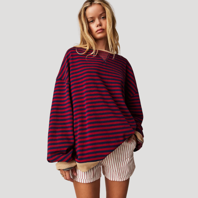 Dam Randig Oversized Tröja Rundhalsad Långärmad