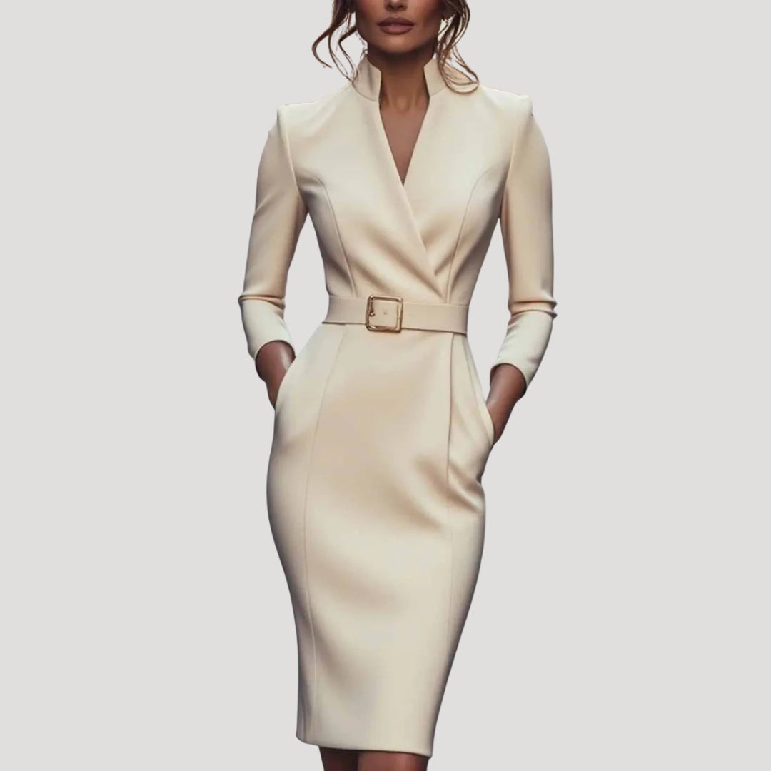 Dam elegant långärmad fodralklänning med bälte