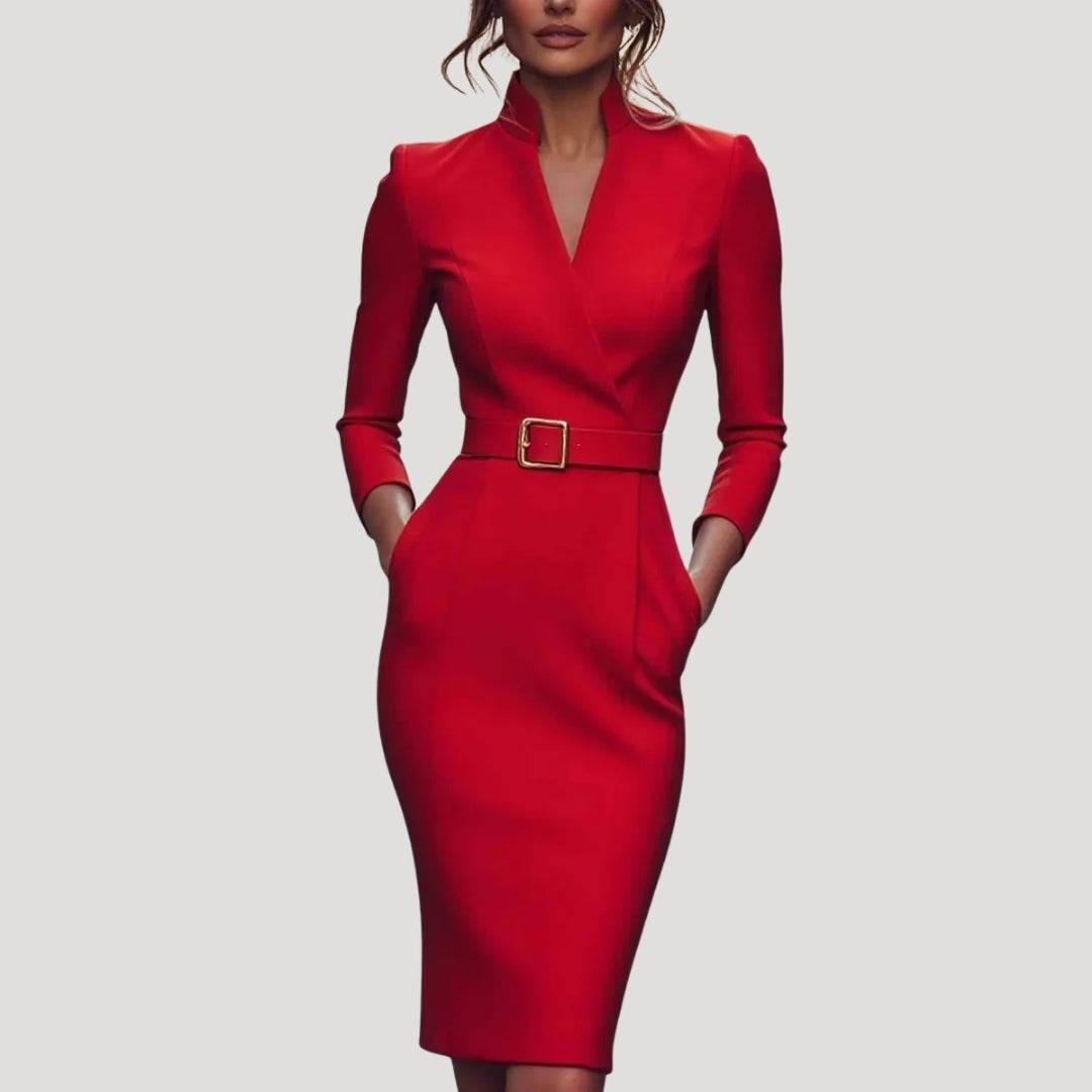 Dam elegant långärmad fodralklänning med bälte