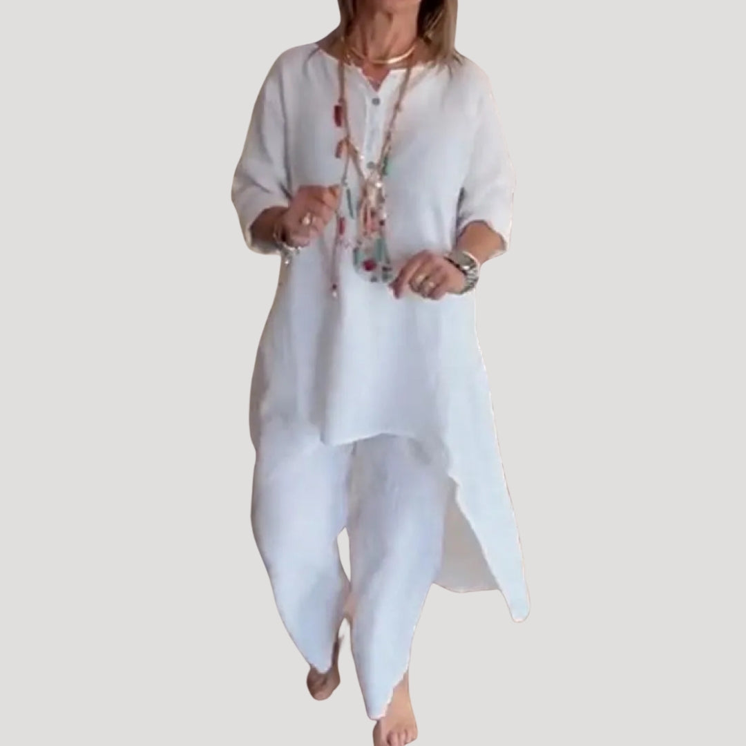Dam tvådelat linneset matchande set sommar med tunika