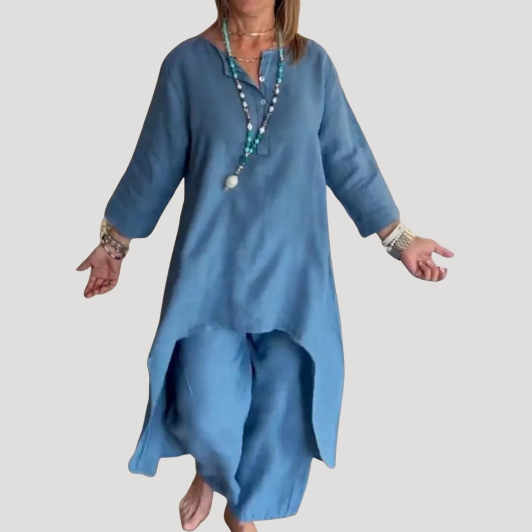 Dam tvådelat linneset matchande set sommar med tunika