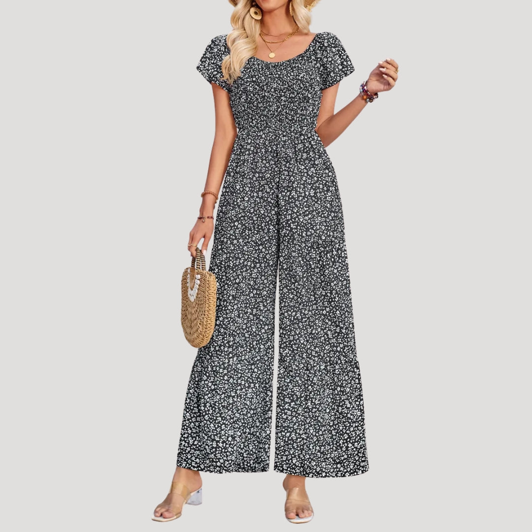 Dam mönstrad jumpsuit med smock och vid byxa