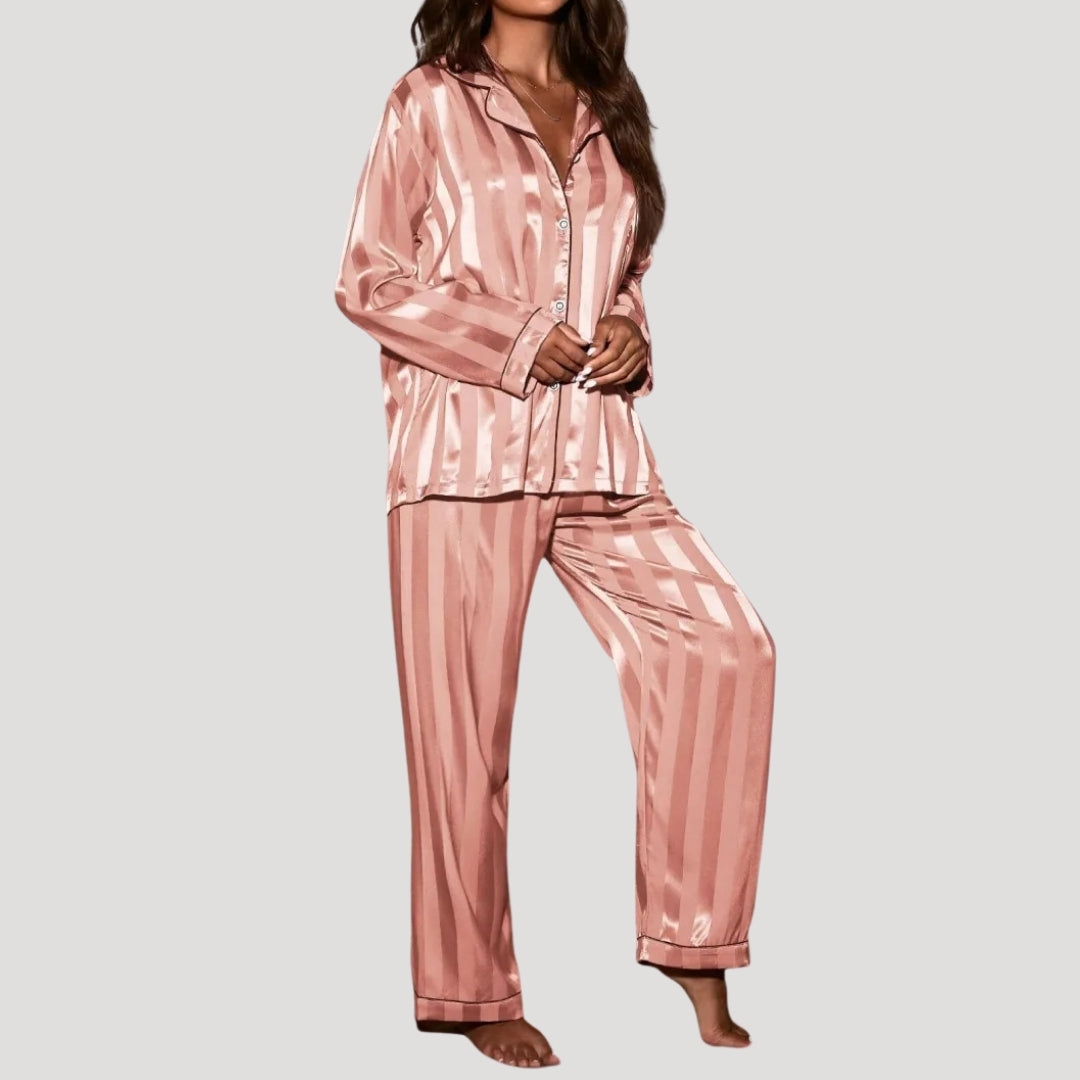 Dam satin pyjamas set randig långärmad