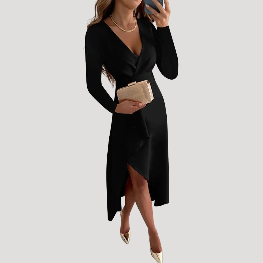 Dam långärmad omlottklänning midi elegant festklänning stilren