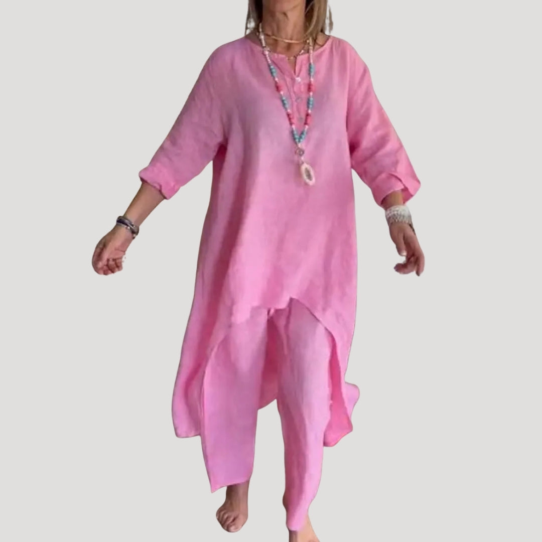 Dam tvådelat linneset matchande set sommar med tunika