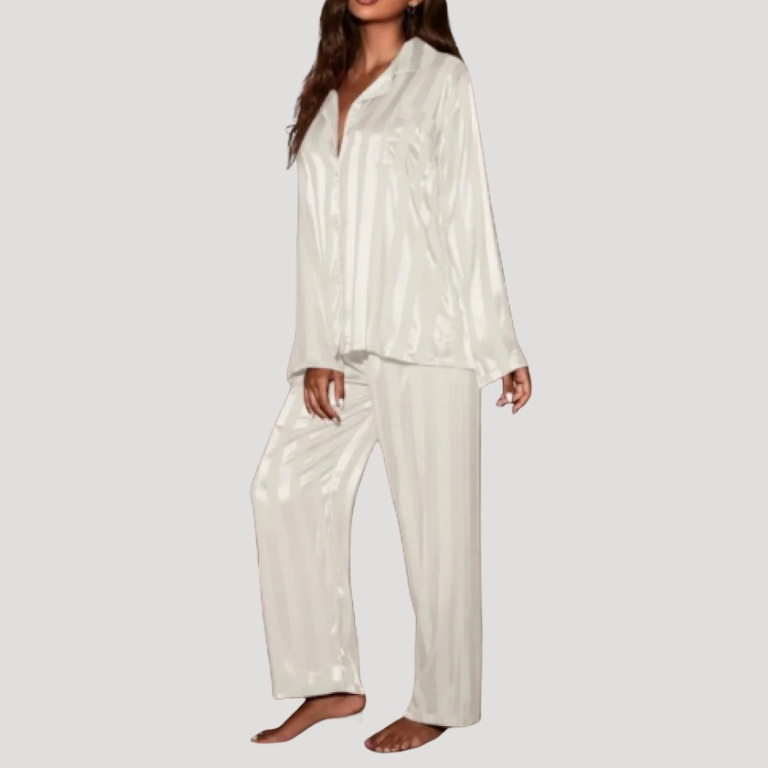 Dam satin pyjamas set randig långärmad