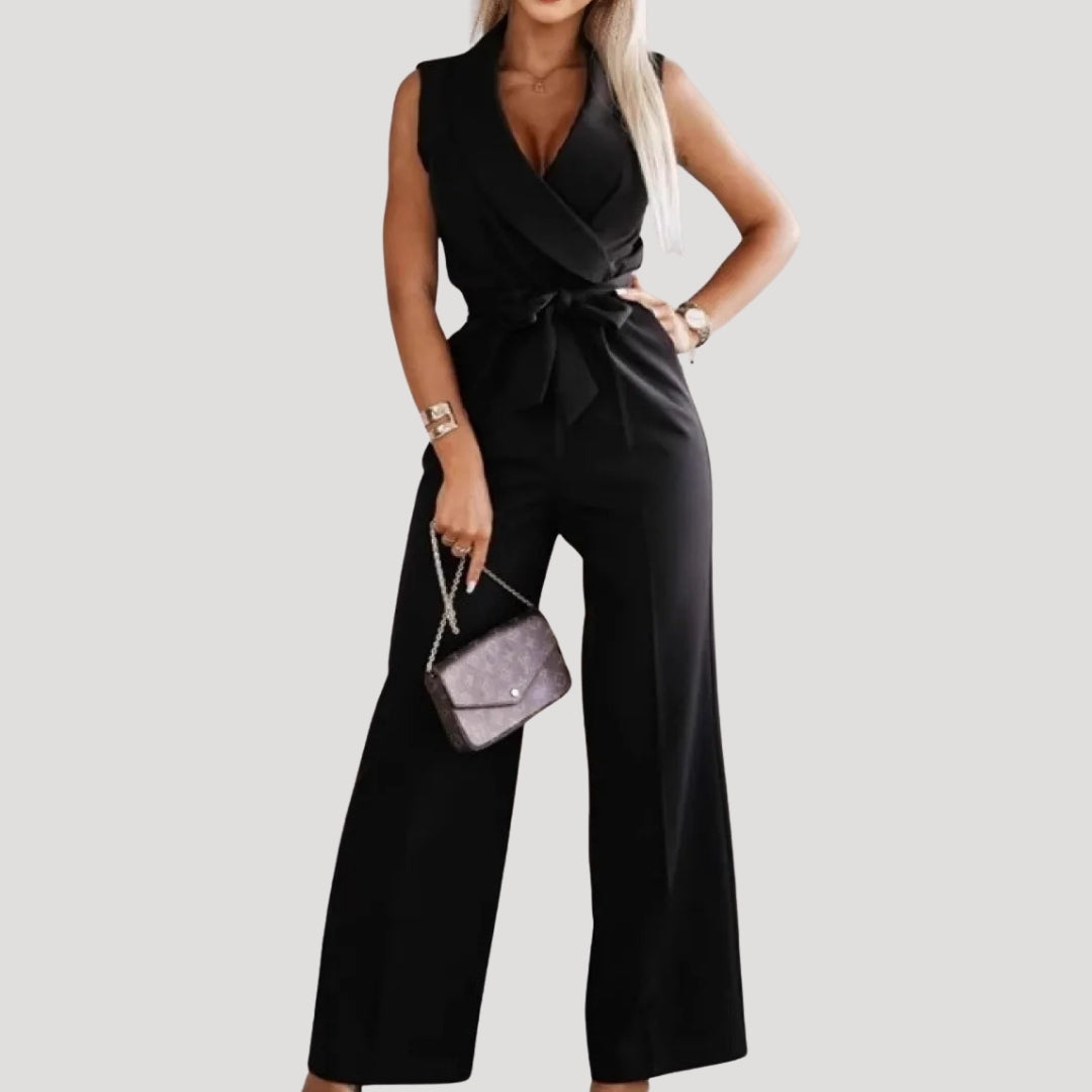 Dam jumpsuit byxdress med omlott och knytmidja