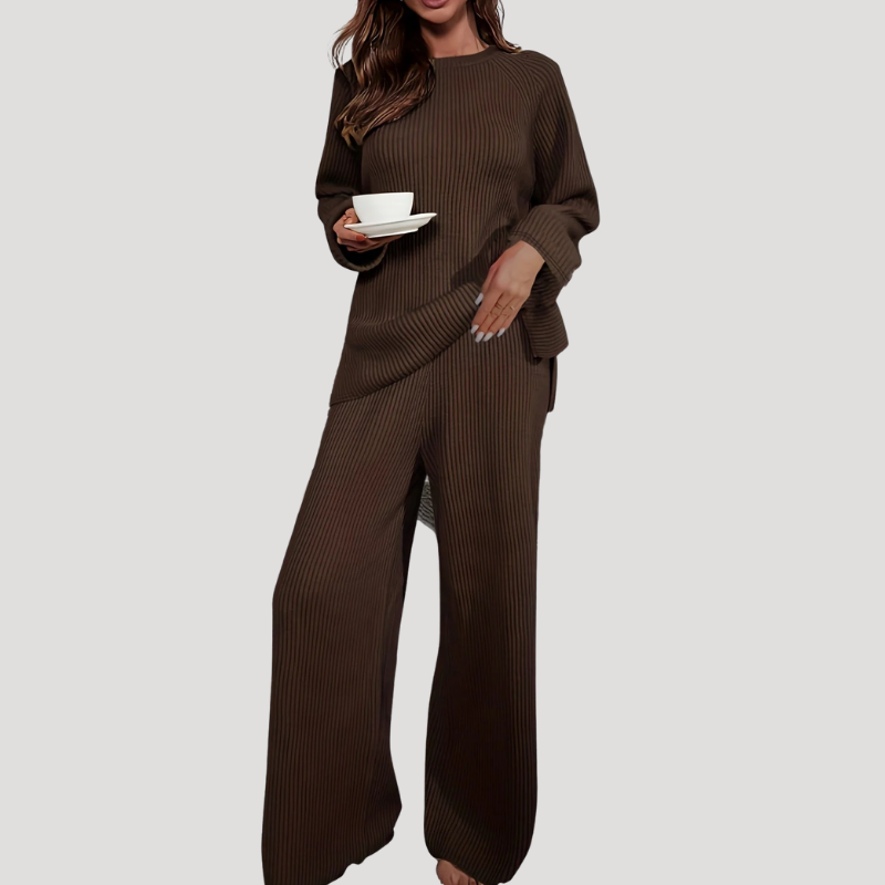 Damset Stickat Rundhalsat Oversize Tvådelat Brunt Casual