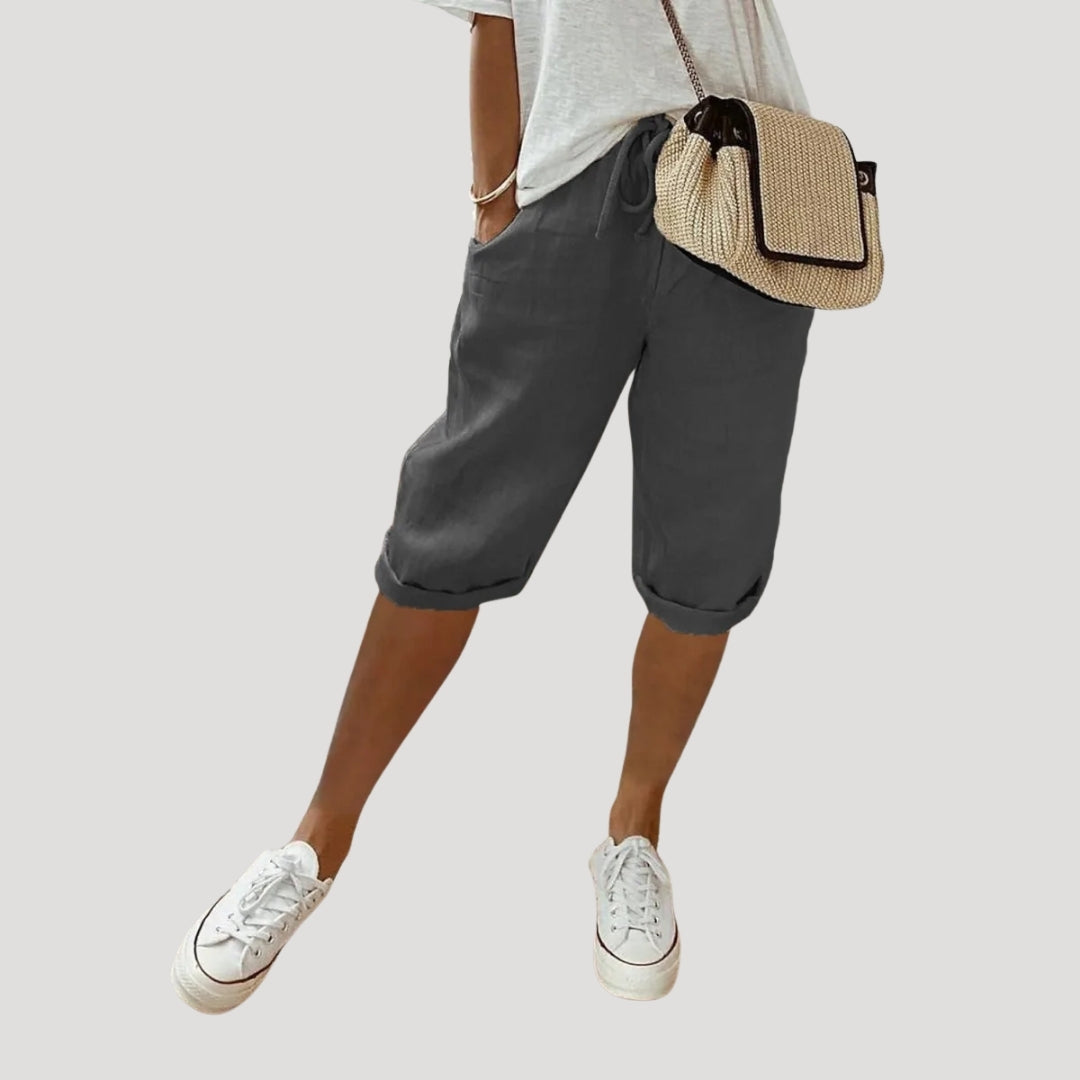 Dam shorts linne knälånga med dragsko lös passform