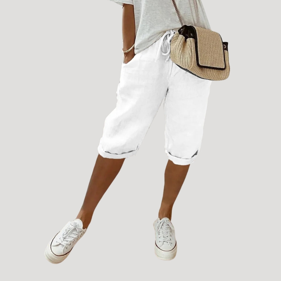 Dam shorts linne knälånga med dragsko lös passform