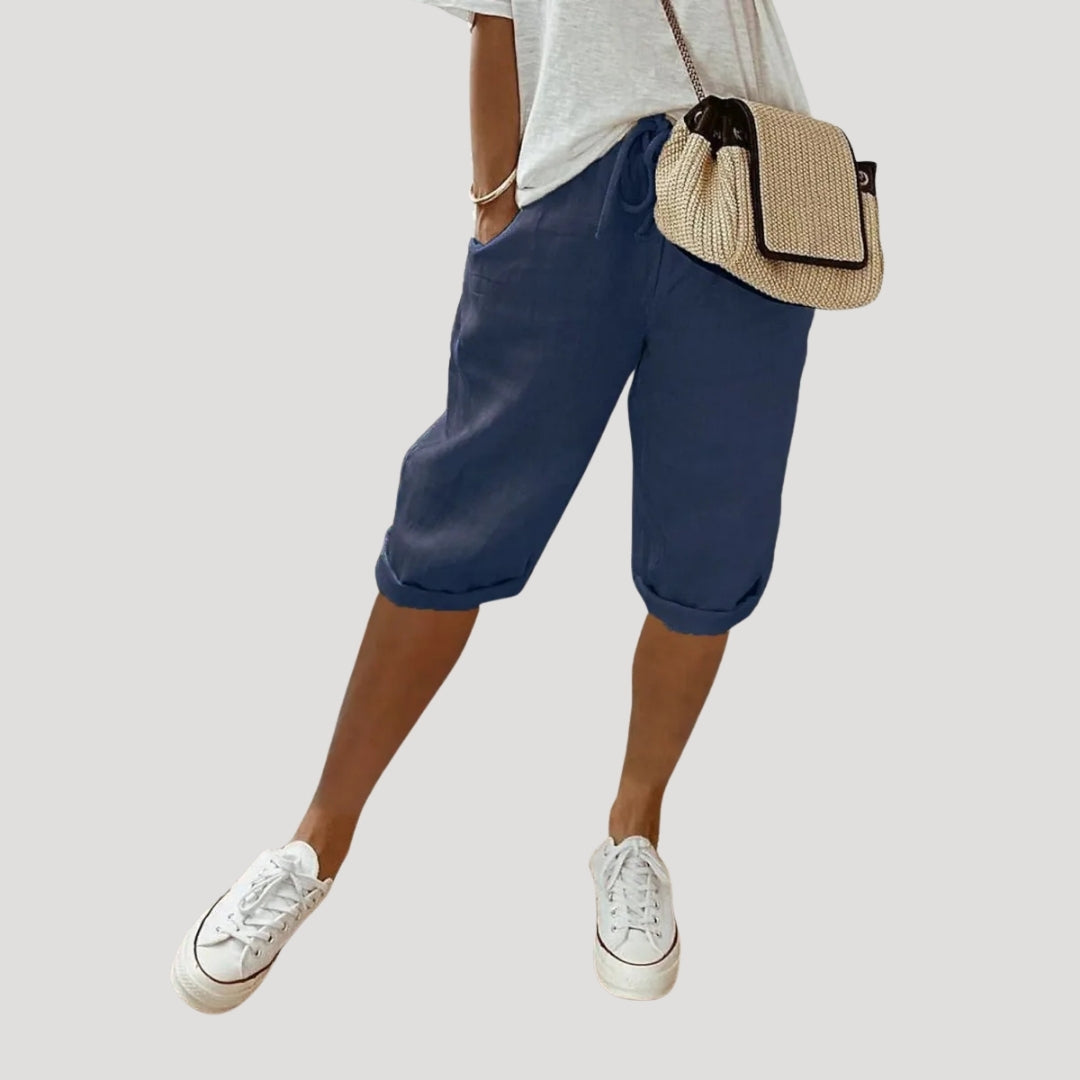 Dam shorts linne knälånga med dragsko lös passform