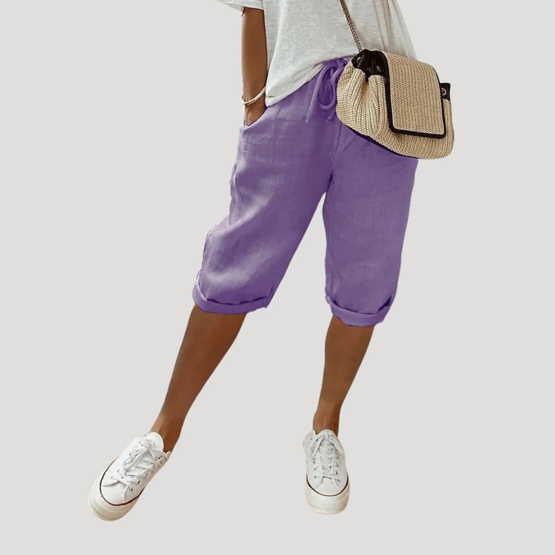 Dam shorts linne knälånga med dragsko lös passform