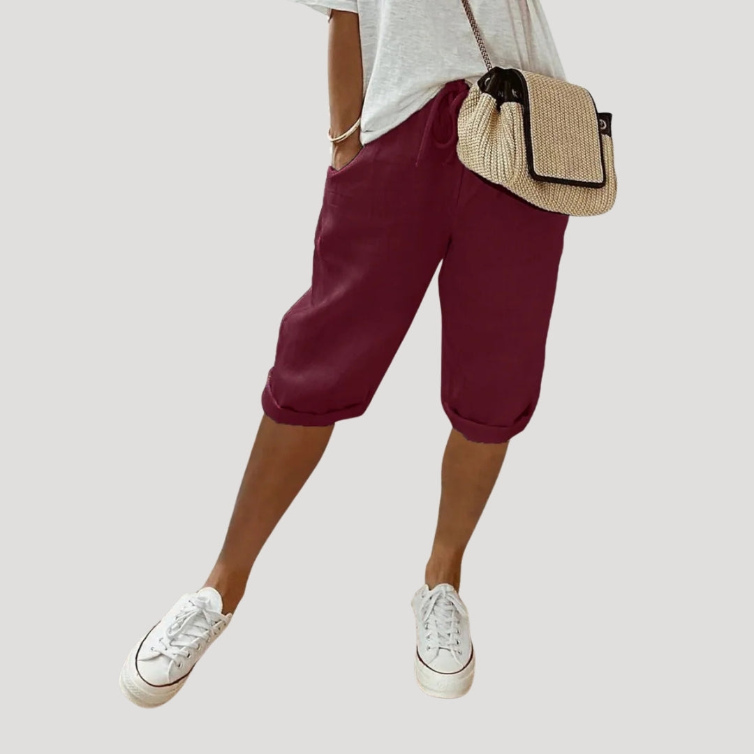 Dam shorts linne knälånga med dragsko lös passform