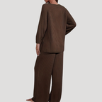 Damset Stickat Rundhalsat Oversize Tvådelat Brunt Casual