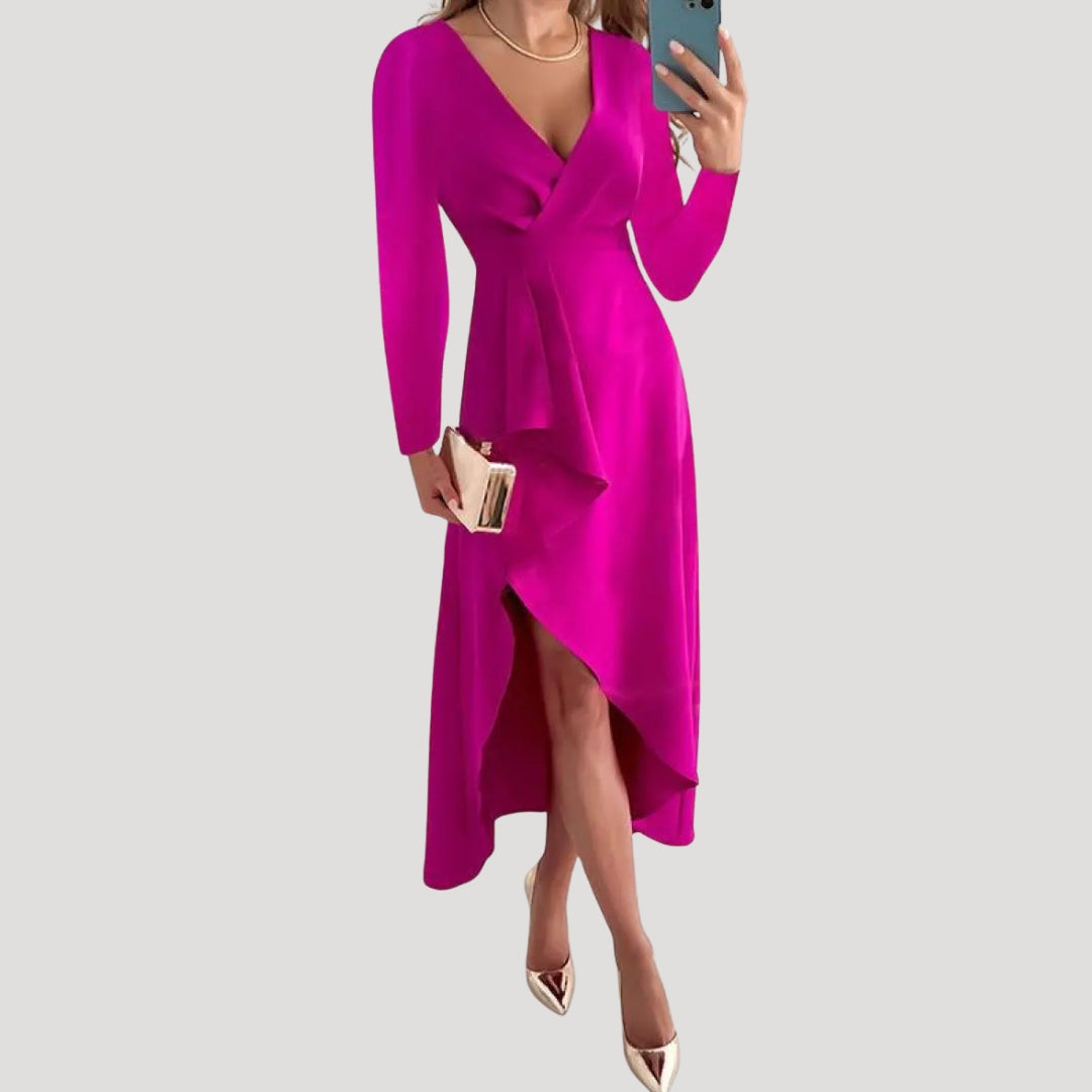 Dam långärmad omlottklänning midi elegant festklänning stilren