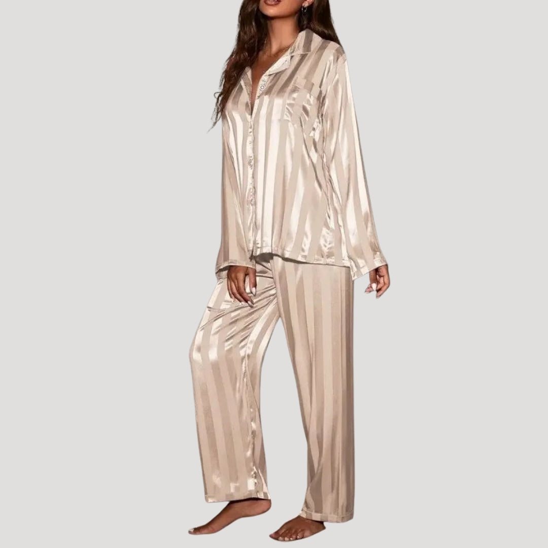 Dam satin pyjamas set randig långärmad