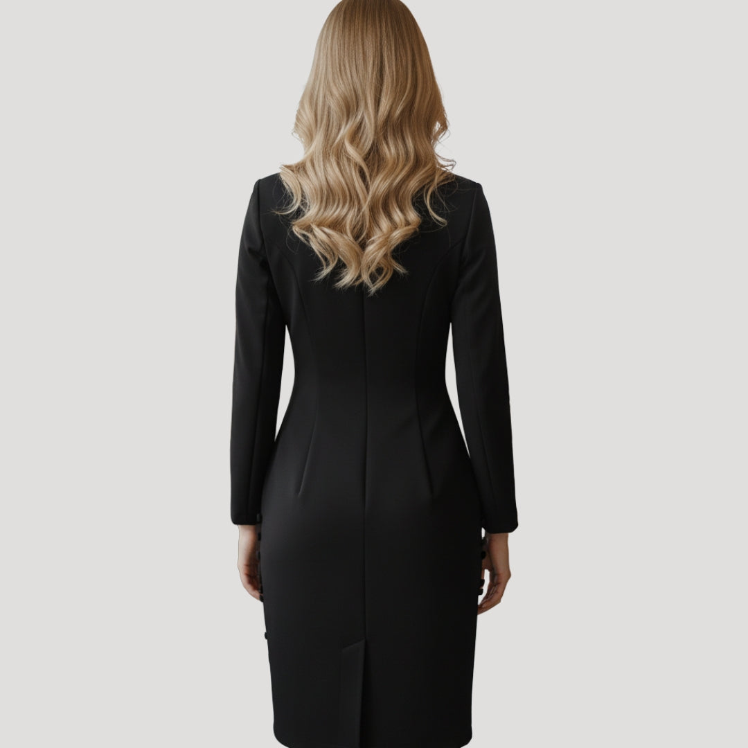 Dam kavajklänning långärmad knälång figursydd dubbelknäppt klänning