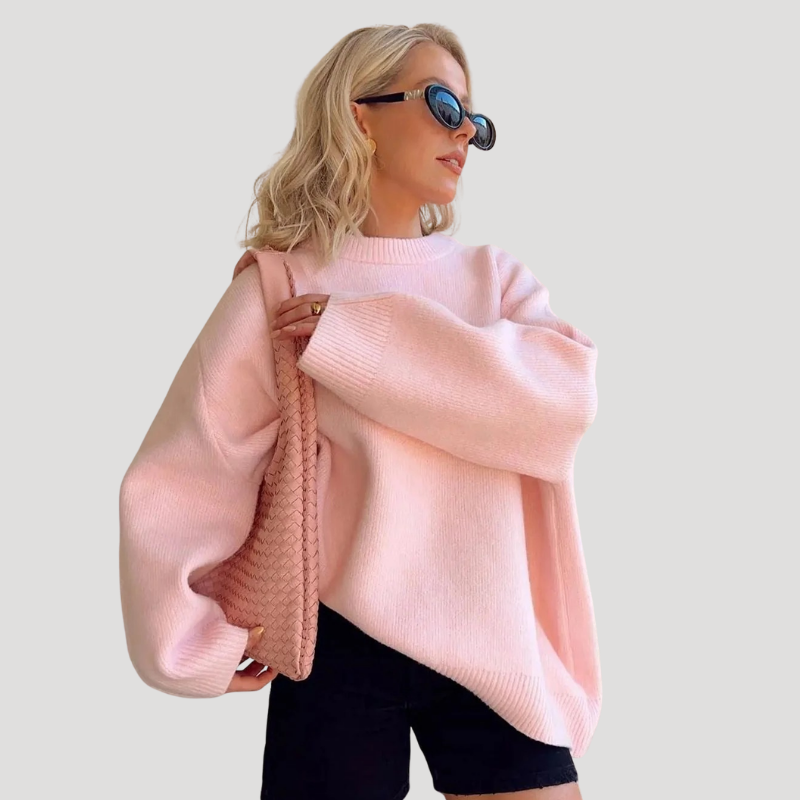 Dam Oversized Stickad Tröja Rundhalsad Långärmad Ljusrosa
