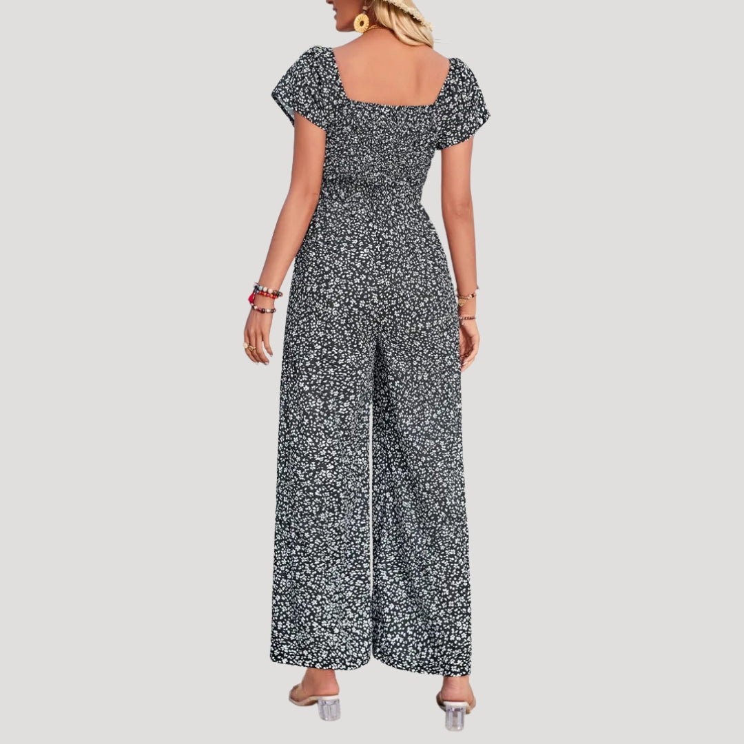 Dam mönstrad jumpsuit med smock och vid byxa