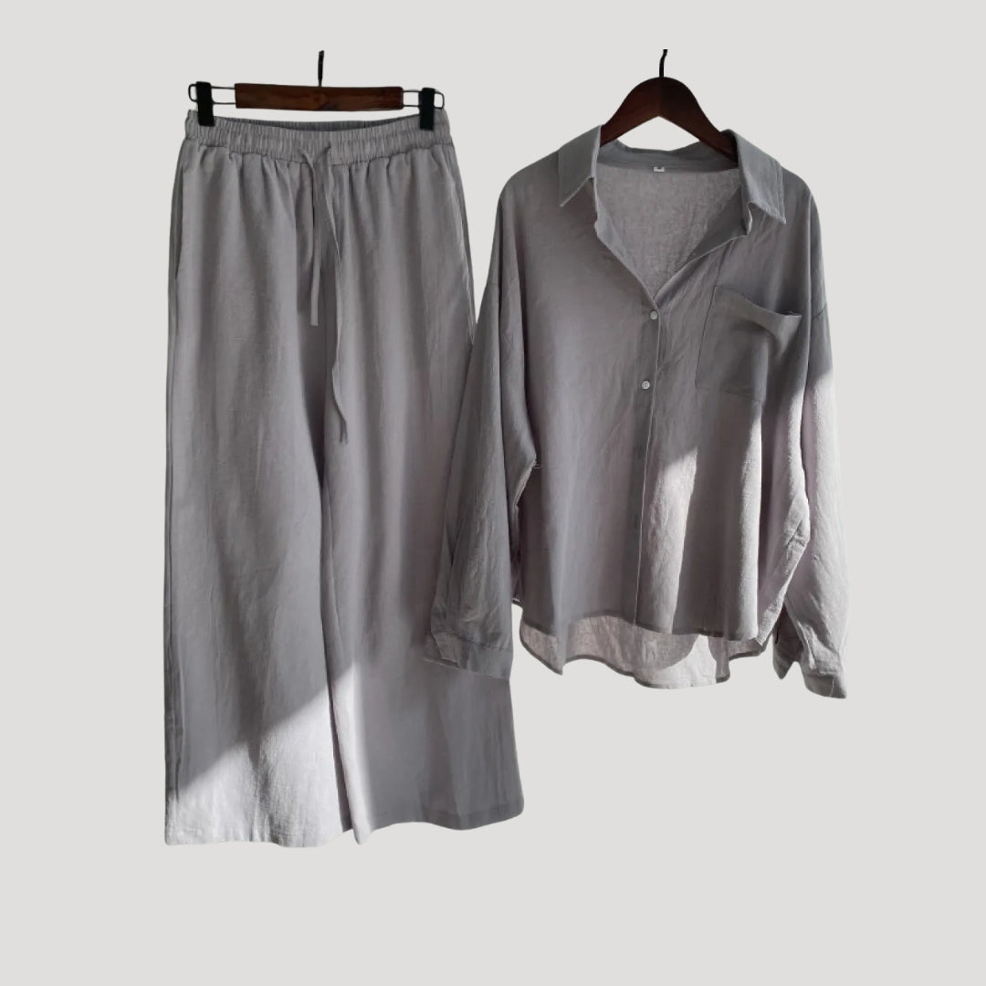 Dam linne set skjorta och vida byxor