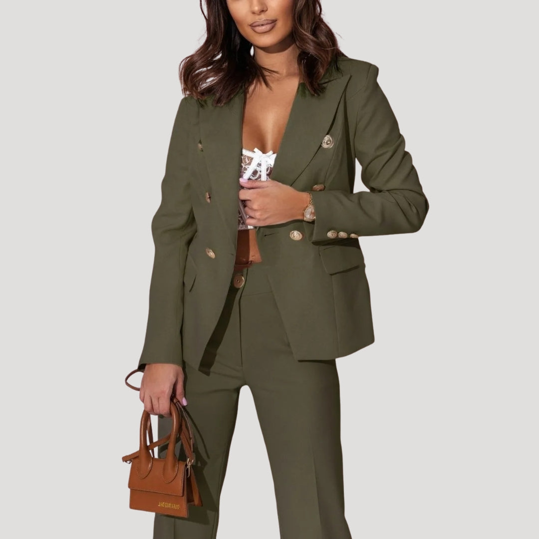 Dam dubbelknäppt kostym set med blazer och byxa