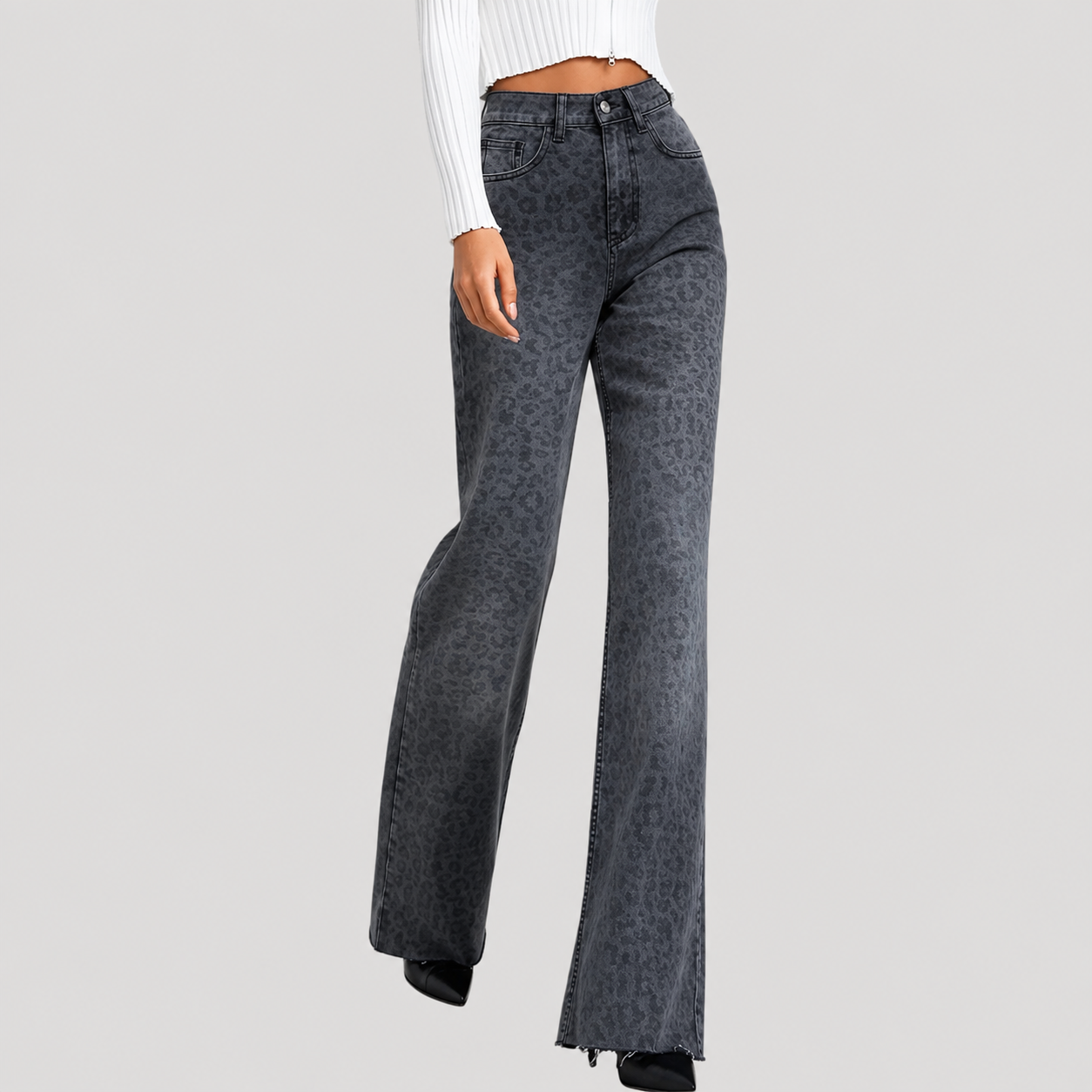 Dam Mom Jeans Högmidjade Leopardmönstrade Vida Denimjeans